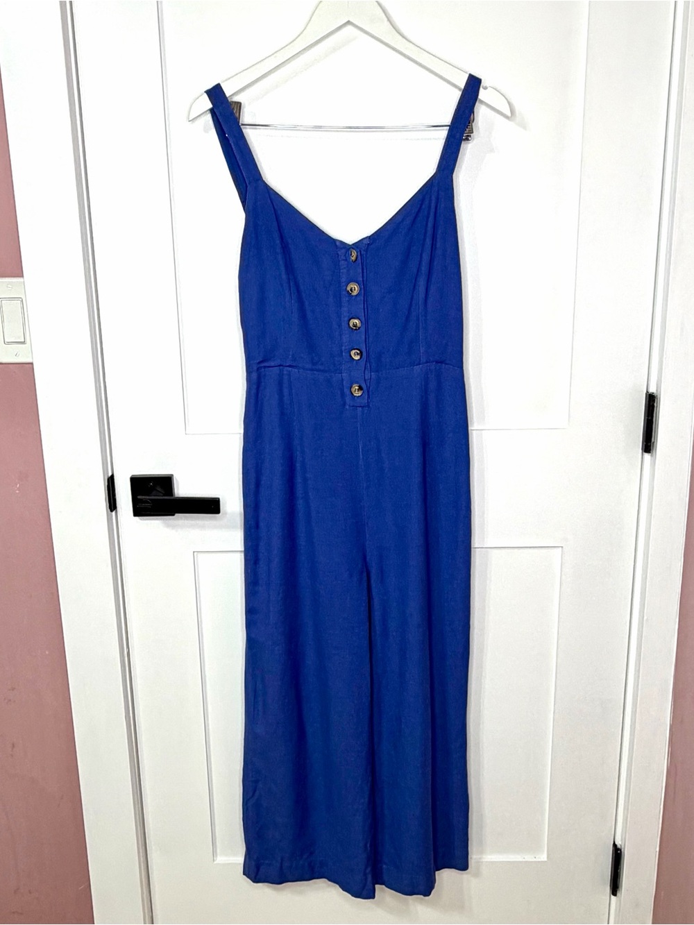 Lulus Cobalt Blue Wide Leg Jumpsuit Button Front Smocked Back Size S